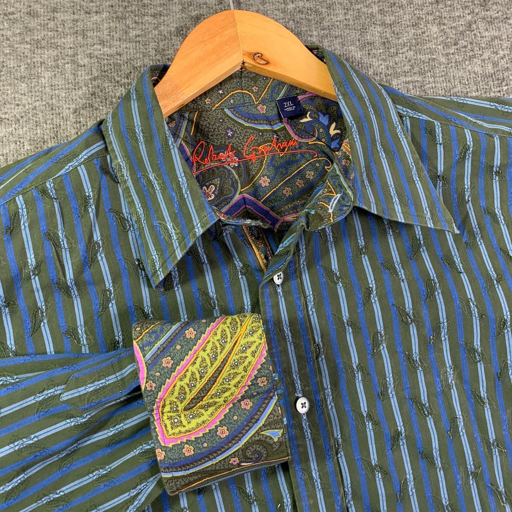 Robert Graham Shirt Men 2XL Paisley Flip Cuff Striped Hippie Retro 70's